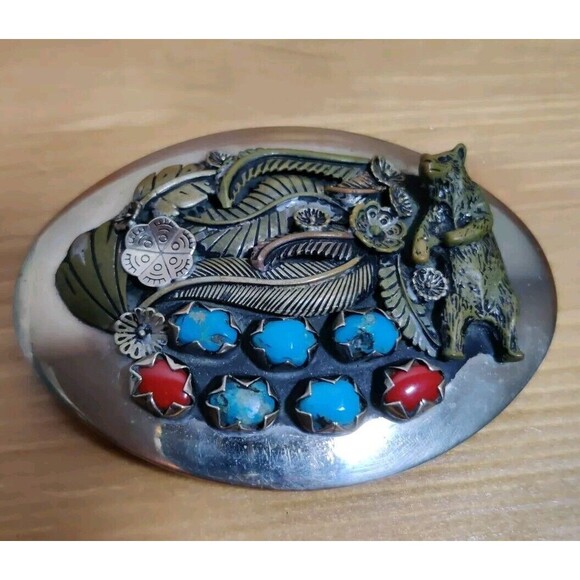 VINTAGE NAVAJO HANDMADE CORAL TURQUOISE Bear Feather SILVER BELT BUCKLE - Picture 2 of 7